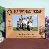 Hanukkah Wood Engraved Picture Frames for wide photos, with menorah, star of David and three lines of custom text.
