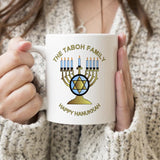 Personalized Family Name Menorah design mugs with any name or custom text on top and bottom