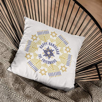 circular design with menorahs stars and dreidels along with your hanukkah greetings and name personalized throw pillow