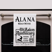 halloween dish towel personalized with your name and old salem apothecary halloween design