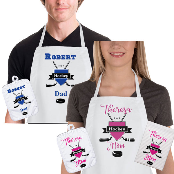Hockey Design for Guys in Blue and Ladies in Pink on an Apron, Pot Holder, and Dish Towel