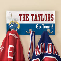 Coat Hanger with Hockey Them image and personalized with any two lines of text.  Coat Rack holds 6 garments