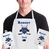 Hockey Hat Trick Set for Hockey Dad or Coach With Apron, Dish Towel and Pot Holder  Hockey Crest Crossed Sticks and Puck