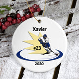 Porcelain 3" round ornament with hockey flash design