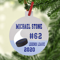 Plastic Ball Shaped Ornament with Stem Personalized with hockey puck swoosh image and four lines of personalization