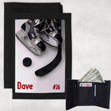 hockey skates puck and stick on a custom wallet personalized with any name and jersey number