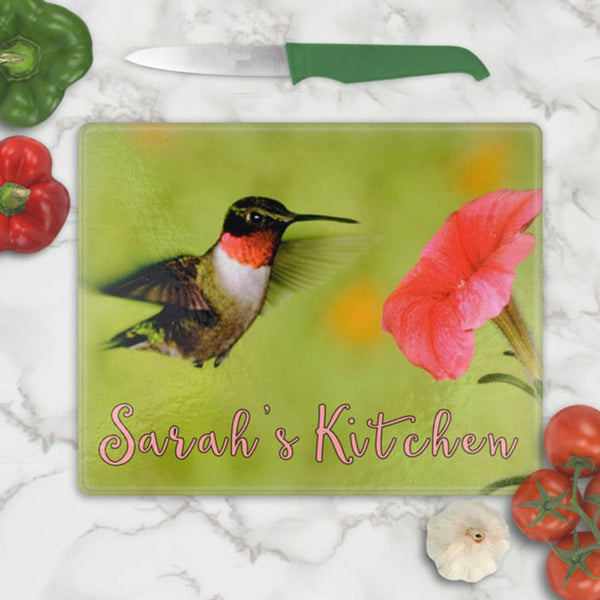Ruby Throated Hummingbird photo on glass cutting boards personalized with your text