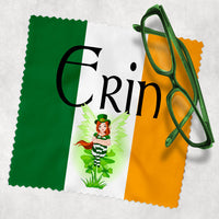 Green white and yellow background like the flag or ireland and an adorable Irish Leprechaun Fairy along with any name on your choice of size eyeglass lens cleaning cloth