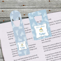 It's a boy personalized bookmarks with baby feet and pacifier