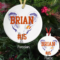 Personalized Christmas Ornaments in Porcelain and Plastic with Lacrosse Sticks Criss Crossed with ball and your personalized name and number