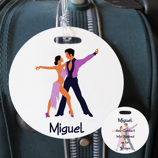 4" round bag tag with latin dancers in sparkly costume. Name on side one, name and contact info on side 2
