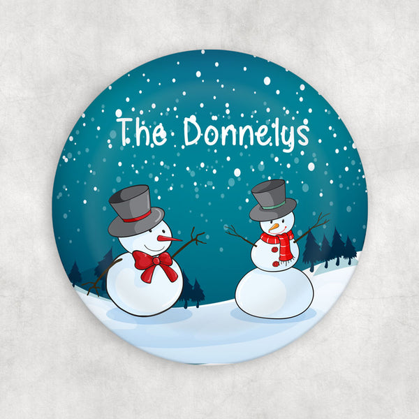 Two snowmen in a colorful winter snow scene with any personalization