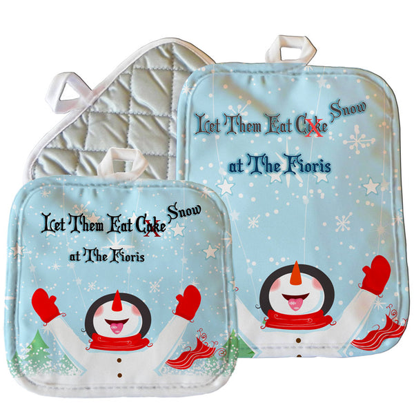 Snowman with Snowflakes on his tongue on an 8" x 8" or 7" x 9" Pot Holder personalized with any name