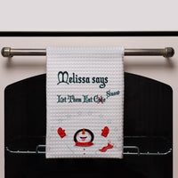 Kitchen Dish Towel with Snowman says Let Them Eat Snow a funny take on let them eat cake. Personalized with any text.