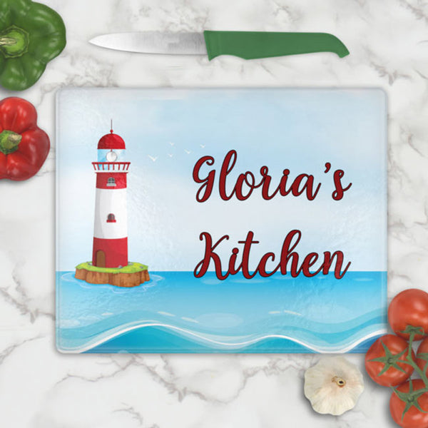 Lighthouse illustration personalized cutting board.