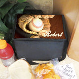 Lunch box with strap shows image of baseball glove and ball and any name