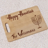Happy Hanukkah Wishes on a Wood Engraved Cutting Board with Your Name and Image of a Menorah - Hanukkiah