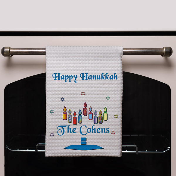 Hanukkah Kitchen Towel 16" x 24" with your name as the base to the colorful candles