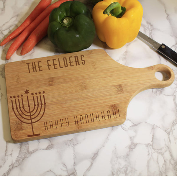Happy Hanukkah Wood Engraved Cheese Paddle Board with any personalized name