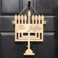 Menorah Shape Wood Door Sign Decor with your name engraved.