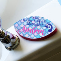 Oval Shaped Bath Sponge With Mermaid Scales and Tail Design Saying I'm Done Adulting, Can We Be Mermaids and personalized with your name.