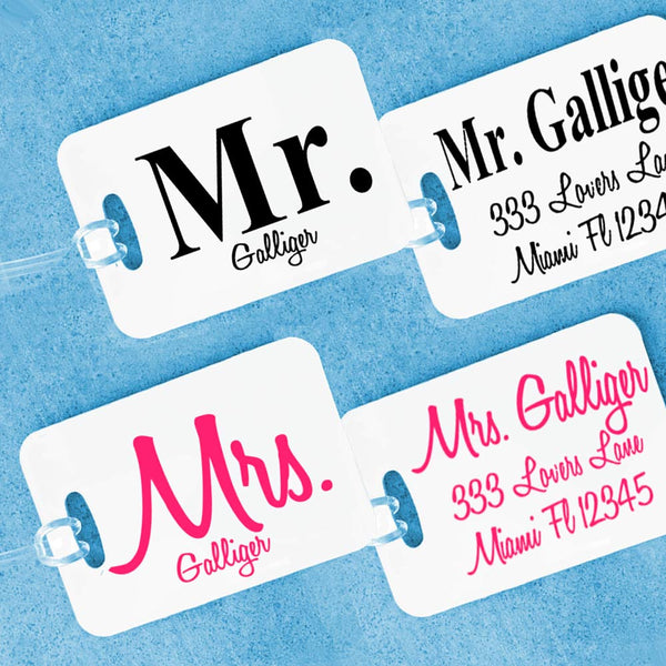 mr and mrs luggage tags personalized with last name and contact info