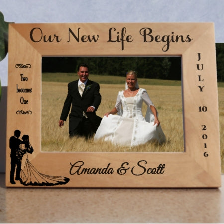 Our New Life Begins Wood Bridal Picture Frame Personalized for Wide Wedding Pictures