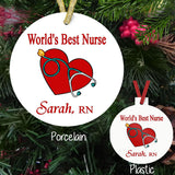Heart and Stethoscope custom ornaments both plastic and porcelain available with your personalized text in two areas.