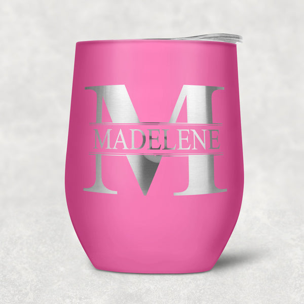 Pink custom engraved stemless tumbler  with your name and initial