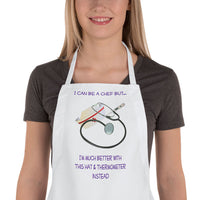 Nurse tools - stethoscope, thermometer and nurse cap on an apron with two areas of personalized text.