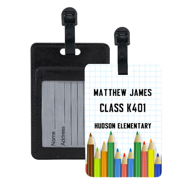 sharpened pencil design on grid paper along with three lines of text on a custom book bag tag with contact card in back