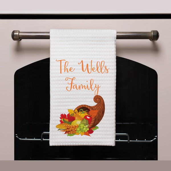 Cornucopia Design and Your Personalization on a White Waffle Weave Kitchen Towel