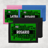 Showing three nylon tri fold wallets Blue, Black and Pink with Soccer Design and Personalized