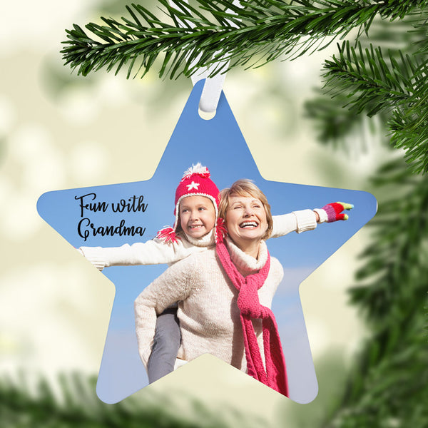 Star ornament with a photo of child and grandparent. Send uncropped photos where the people are close together.