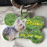 bone shaped dog tag with pets photo , name and phone number