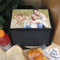 Photo lunch cooler easily fits a drink, sandwich and snack. Put a photo of you and your honey, the family, your child or your digital artwork. Any name or text too.