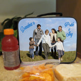 lunch tote with handle and photo of a family text read Grandma's Pride and Joy, but you personalize with your photo and text.