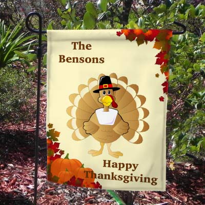 Pilgrim Turkey Welcome Yard Flag with personalized text on top and bottom