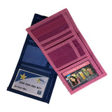 pink and blue wallets have a clear slot for your id along with several credit card slots and bill compartment