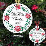 circular border of poinsettias leafs and snowflakes on a porcelain or plastic ornament with any personalized text in the center.