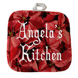 Poinsettia backdrop to any text on a custom 8" x 8" personalized pot holder