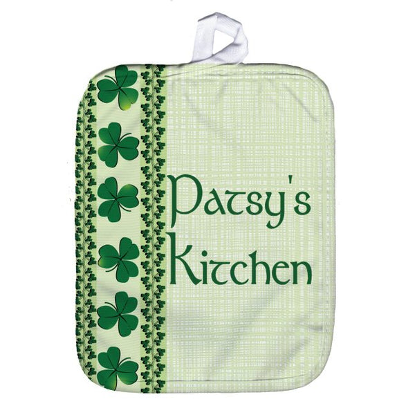 7x9 pot holder with a soft green background and left border of shamrocks personalized with any text