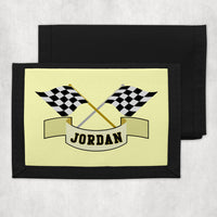 crossed racing flags with any name personalized on a custom kids wallet. 