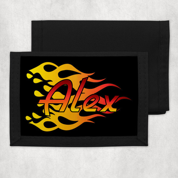 black background with gradient orange, red and yellow racing flames and any name on a nylon trifold wallet