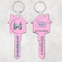 Realtor key and house shaped key ring with your color scheme and logo or custom info. Two sided - one side realtors info second side buyers name and address
