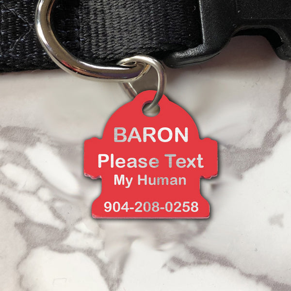Hydrant Shaped Pet Id Tag with Dog's Name and your contact info engraved.