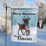Elf and Reindeer Winter Scene on a custom garden flag with your name and custom message on top and bottom.
