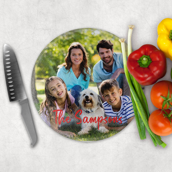 11.75" Round glass cutting board with your photo and text
