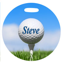4 inch round Golf Bag Tag with tee and ball in grass and blue sky Any Name on side 1