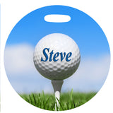 4 inch round Golf Bag Tag with tee and ball in grass and blue sky Any Name on side 1